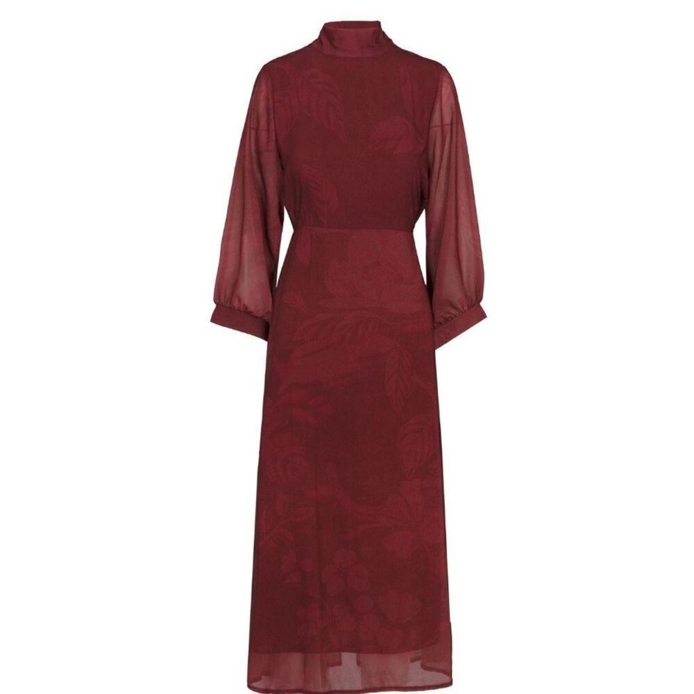 Juan Avellaneda X Seeiou Women's Red Long Sleeve Midi Burgundy Dress Julie - Picture 1 of 4